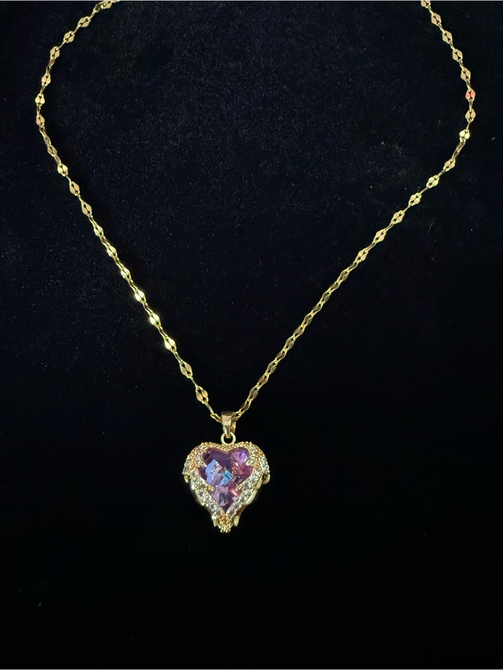 Gold Heart Pendant Necklace with Iridescent Pink Crystal